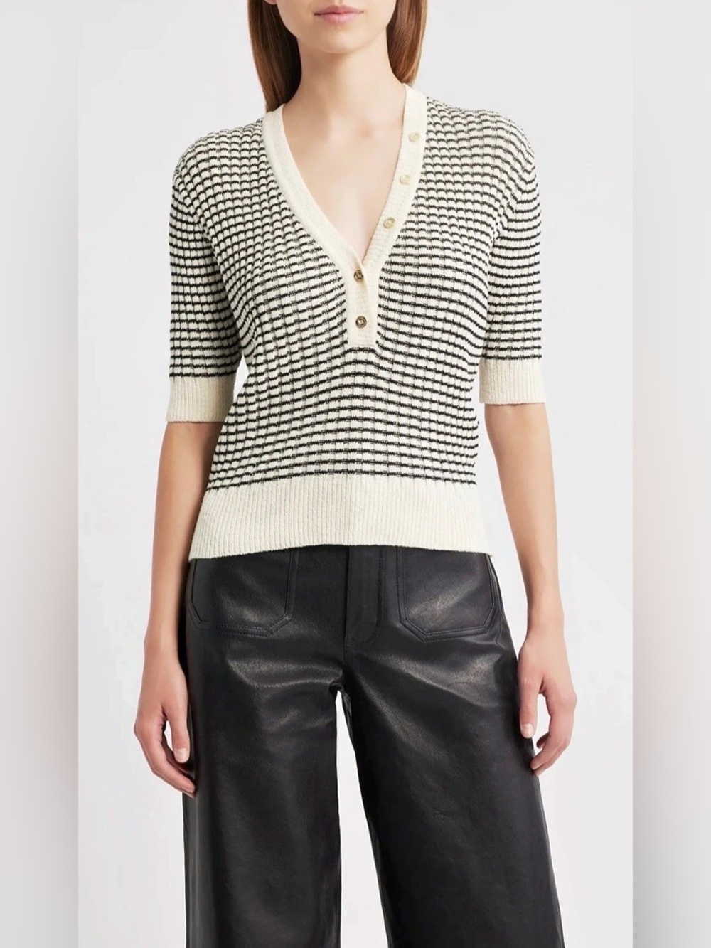 FRAME Striped V-Neck Sweater in Cream & Black Size XS
